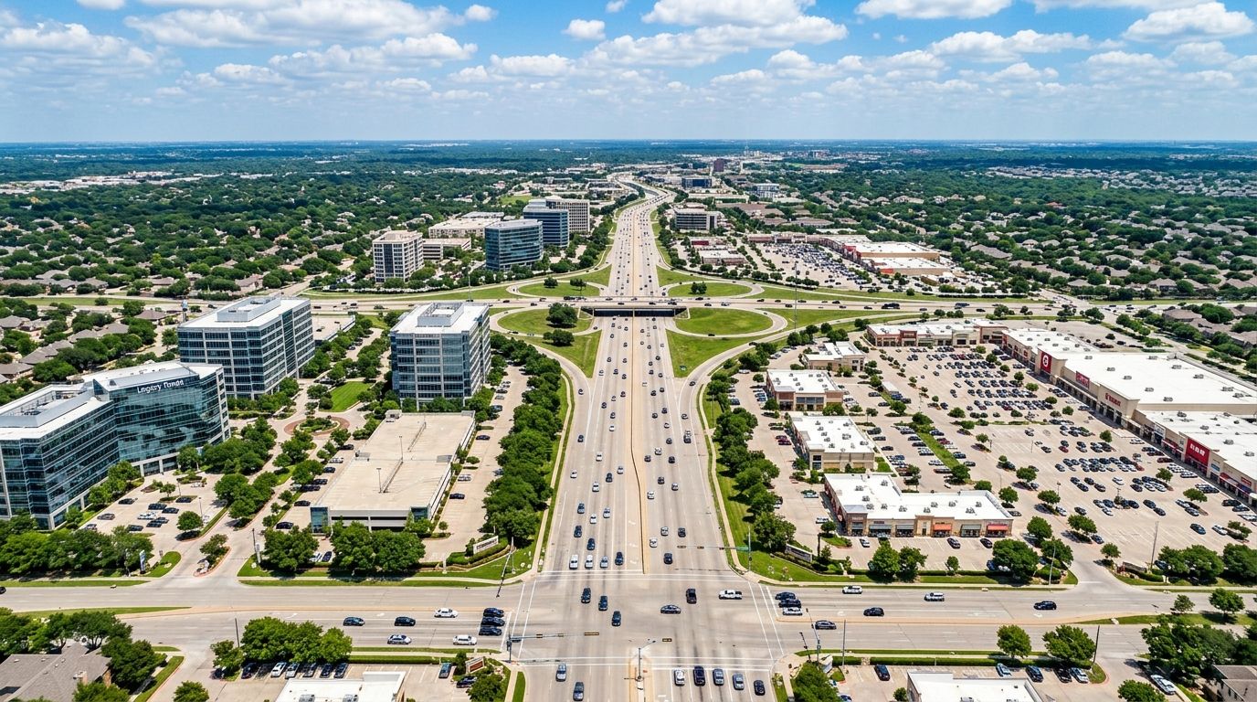 Aerial view of a North Dallas commercial corridor