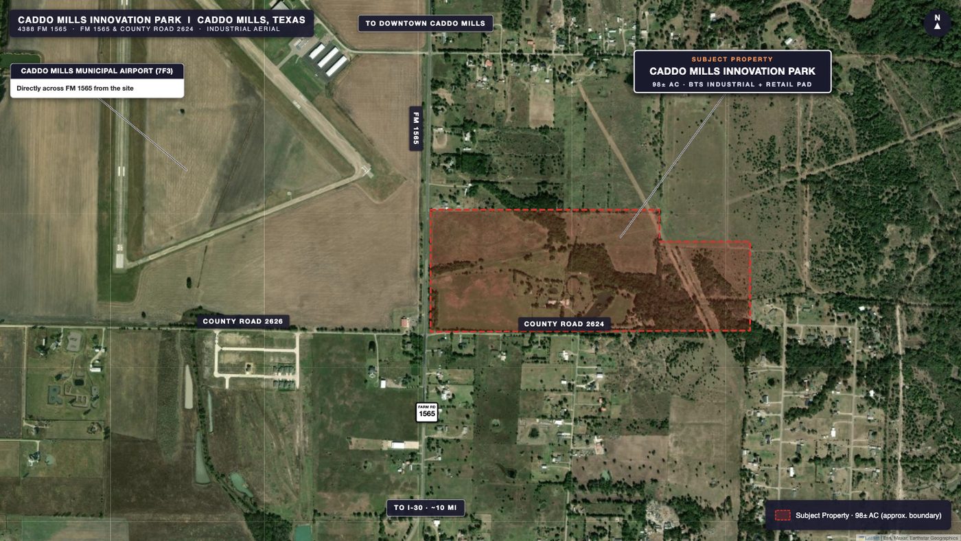 Aerial map of Caddo Mills Innovation Park at FM 1565 and County Road 2624