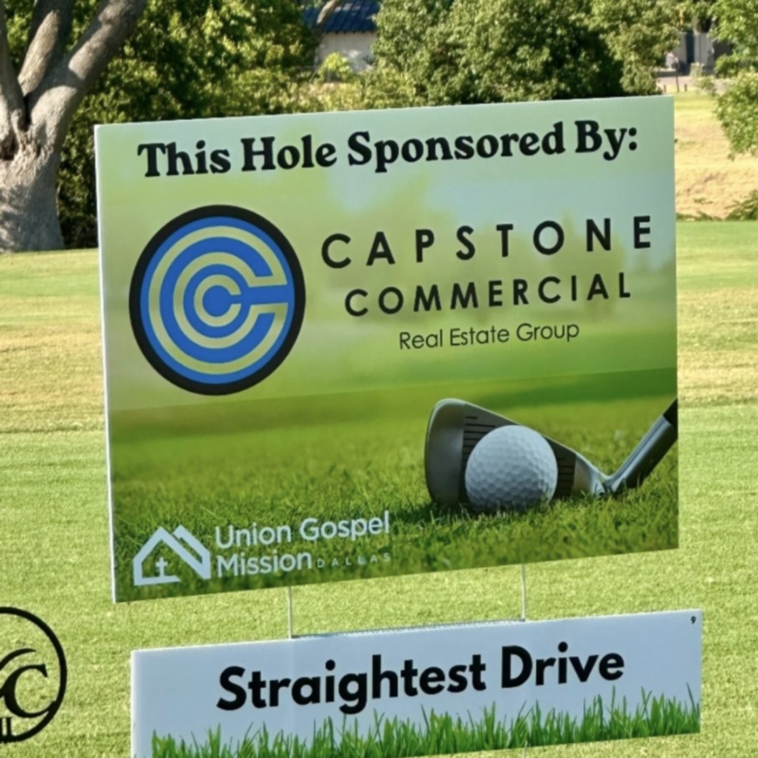 Capstone hole sponsor sign at the Union Gospel Mission charity golf tournament